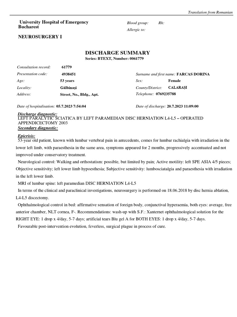 Discharge Summary: University Hospital of Emergency Bucharest ...