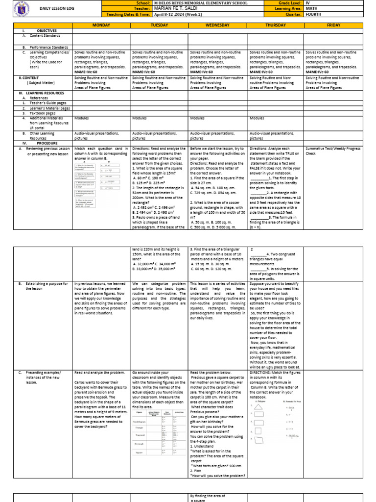 Grade IV Math Lesson Plan: Area Problems | PDF | Area | Triangle