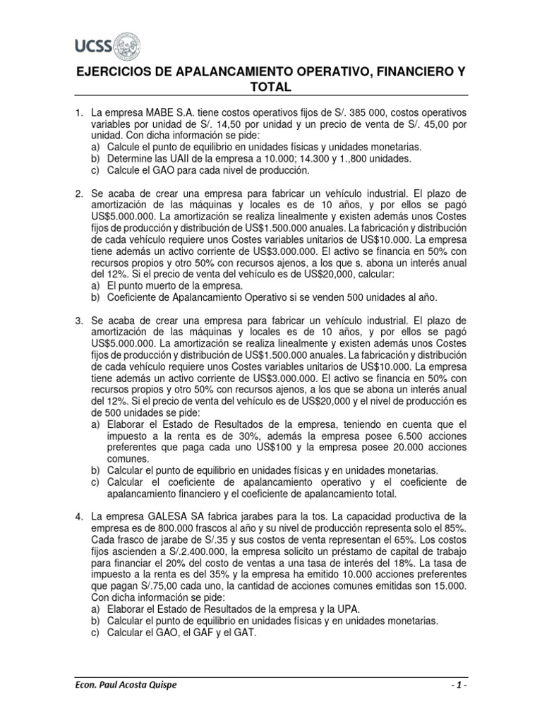Ejercicios de Apalancamiento Financiero y Operativo | PDF ...