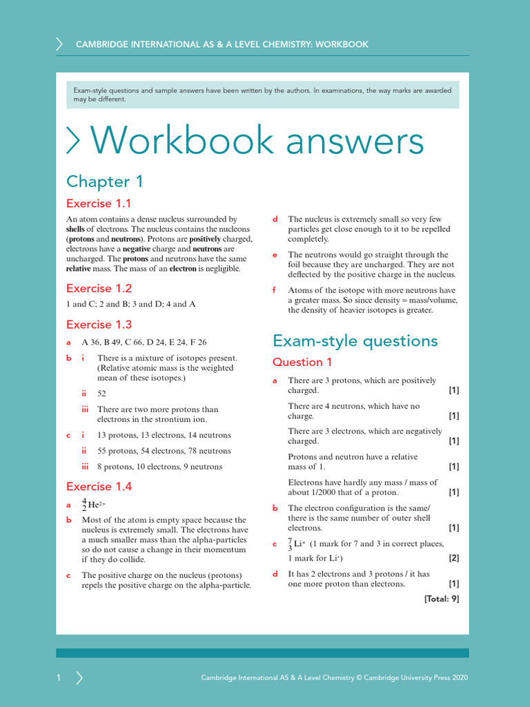 A Level Chemistry Workbook Answers | PDF | Mole (Unit) | Proton