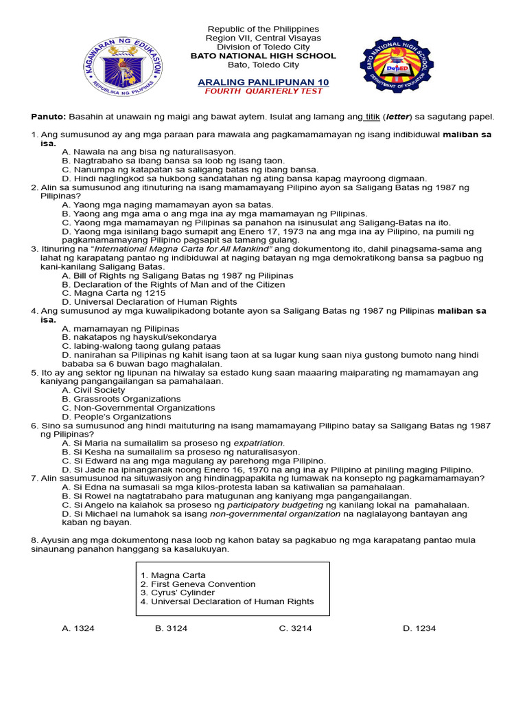 Summative Test 4th Quarter Final Pdf