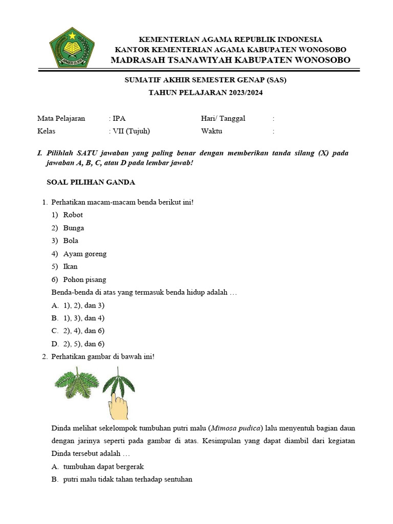 Soal Cbt Sas Ipa Kelas 7 Th 2023 2024 Sem Genap Pdf