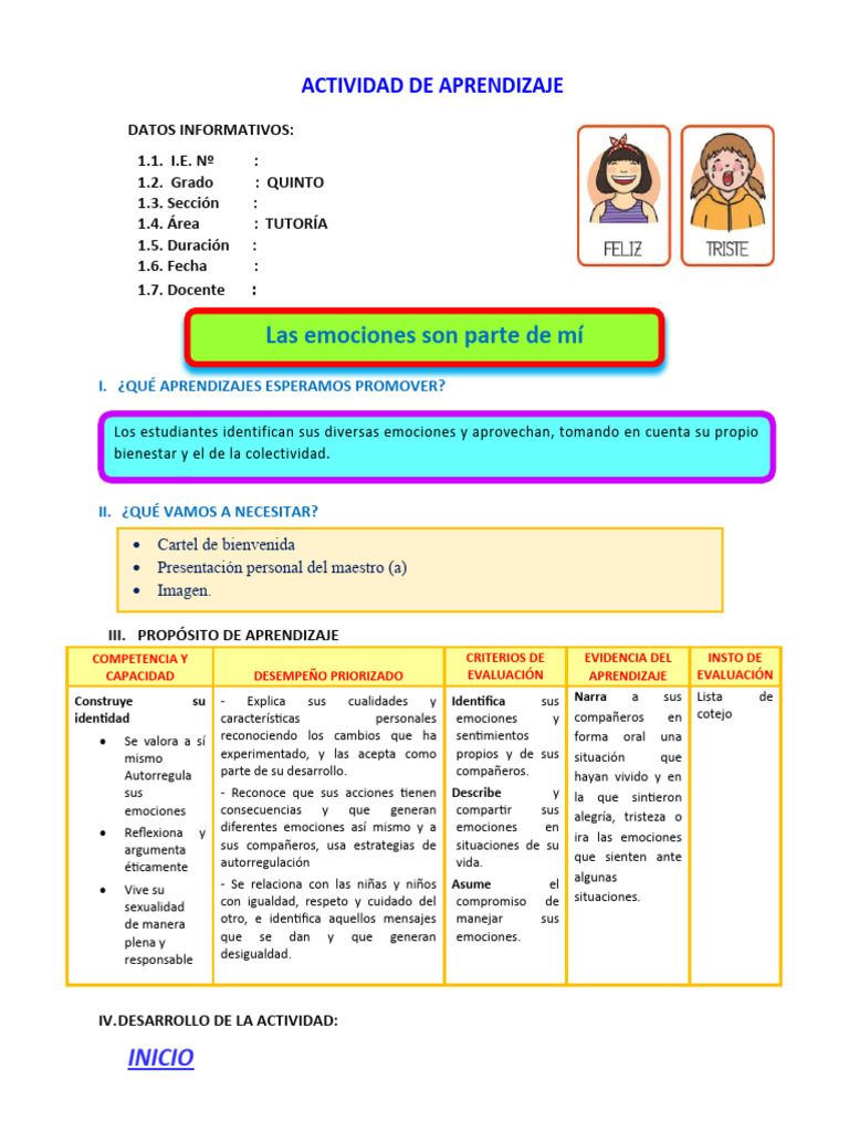 Actividad de Tutoría: Reconocimiento Emocional | PDF | Las emociones | Ira