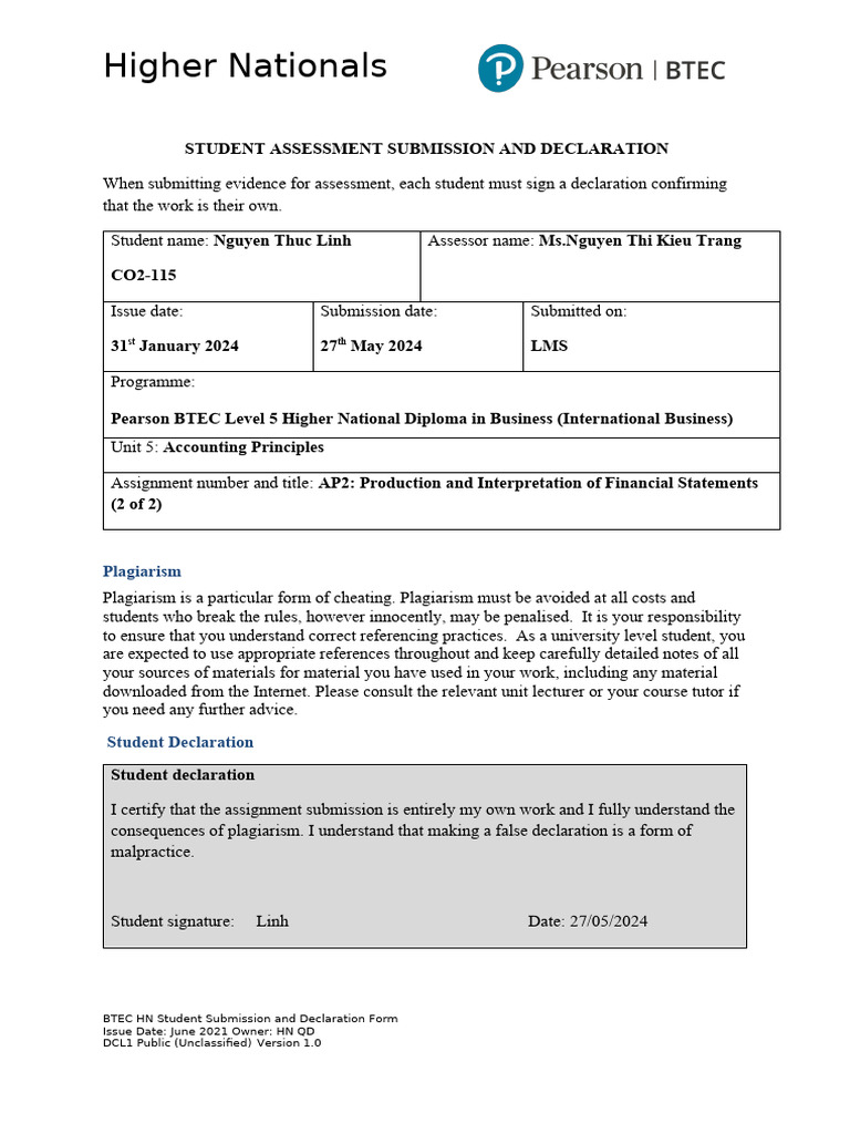 BTEC HND Business Assignment Declaration | PDF | Finance & Money Management