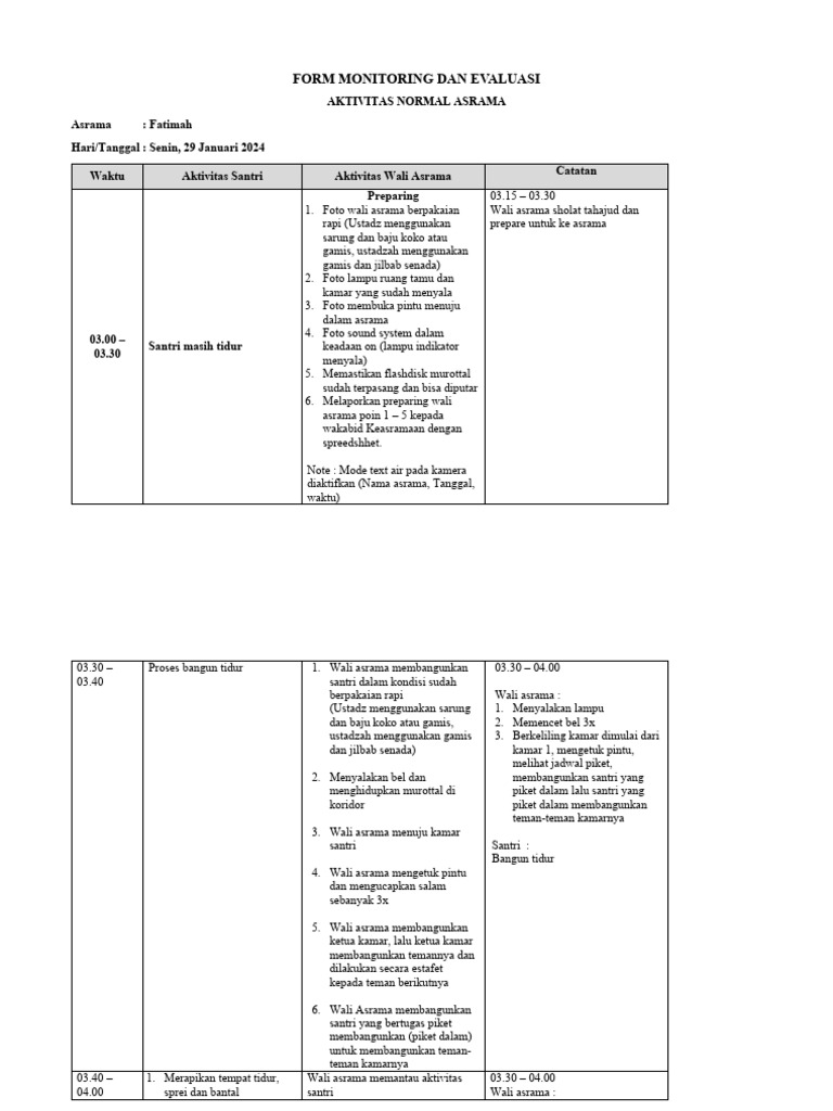 Form Monitoring Aktivitas Asrama | PDF