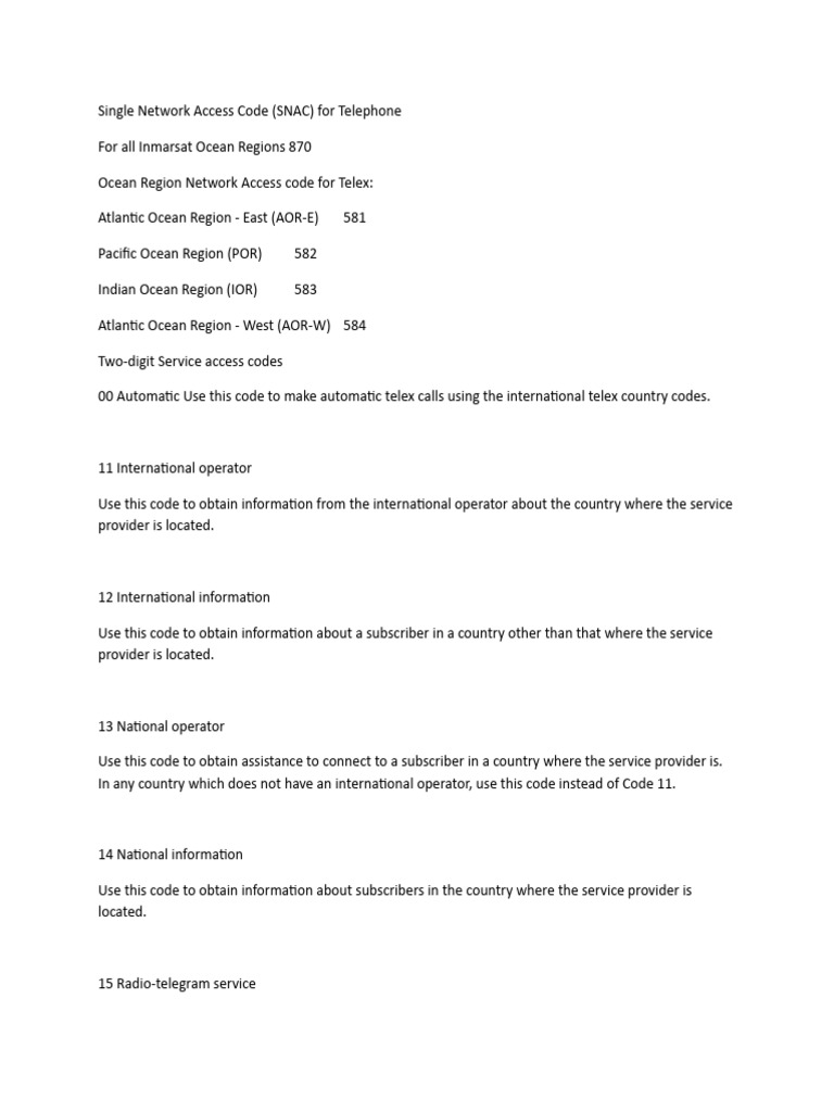 Inmarsat SNAC and Telex Access Codes | PDF | Telegraphy ...