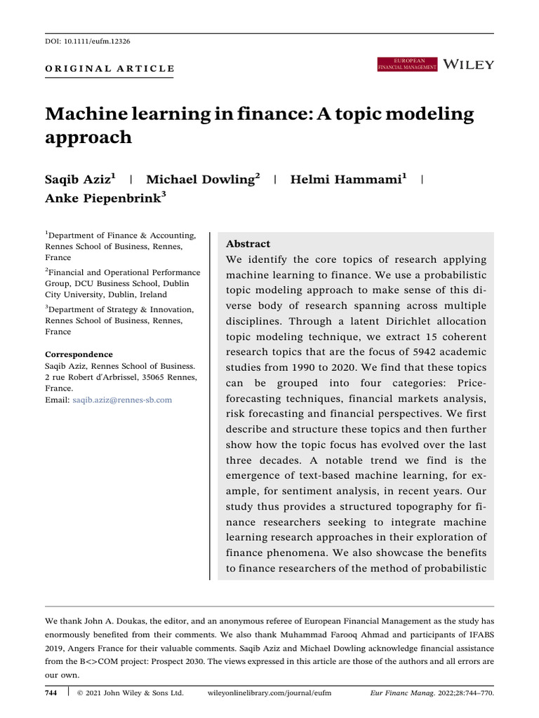 Euro fin management 2021 aziz machine learning in finance a topic