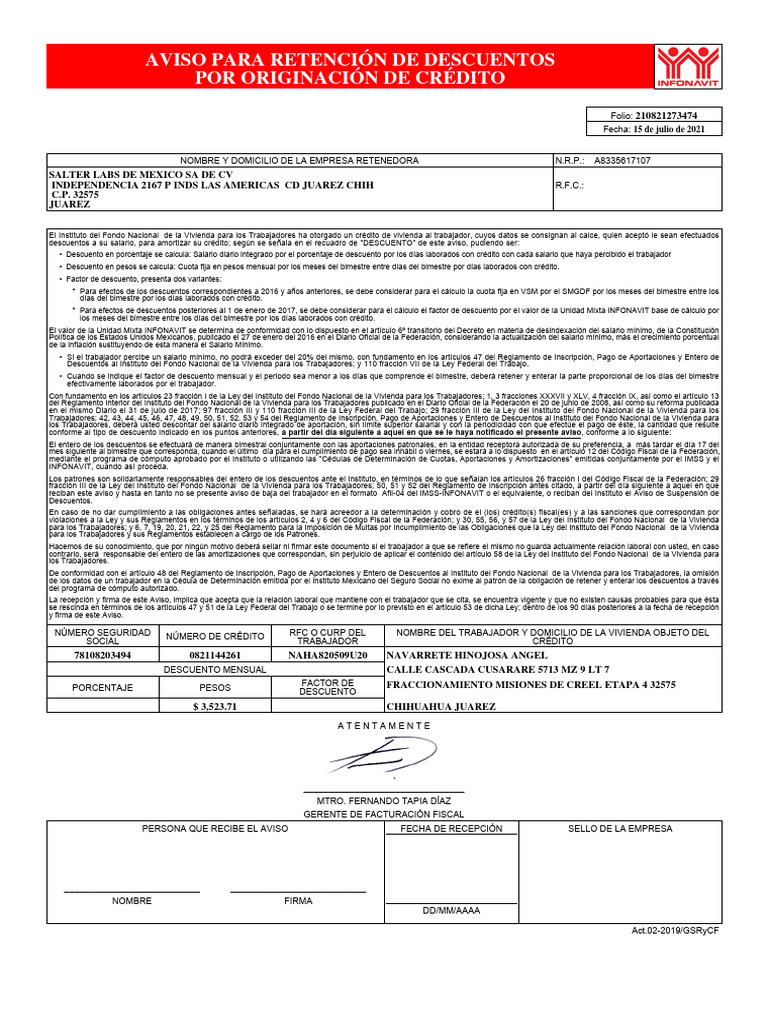 Aviso de Retención de Descuentos INFONAVIT | PDF | Salario mínimo | Crédito