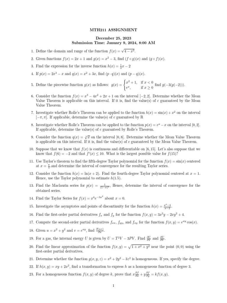 Assignment MTH211 | PDF | Function (Mathematics) | Mathematical Analysis