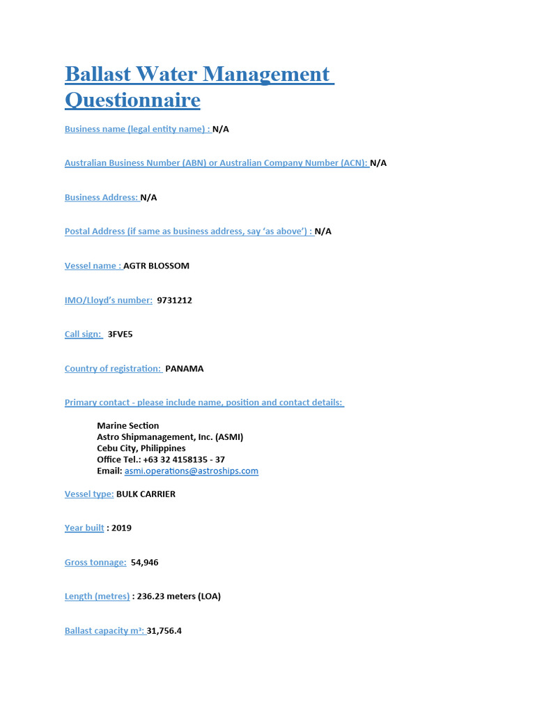 Ballast Water Management Questionnaire PDF