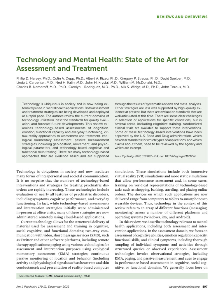 Harvey et al 2022 technology and mental health state of the art for
