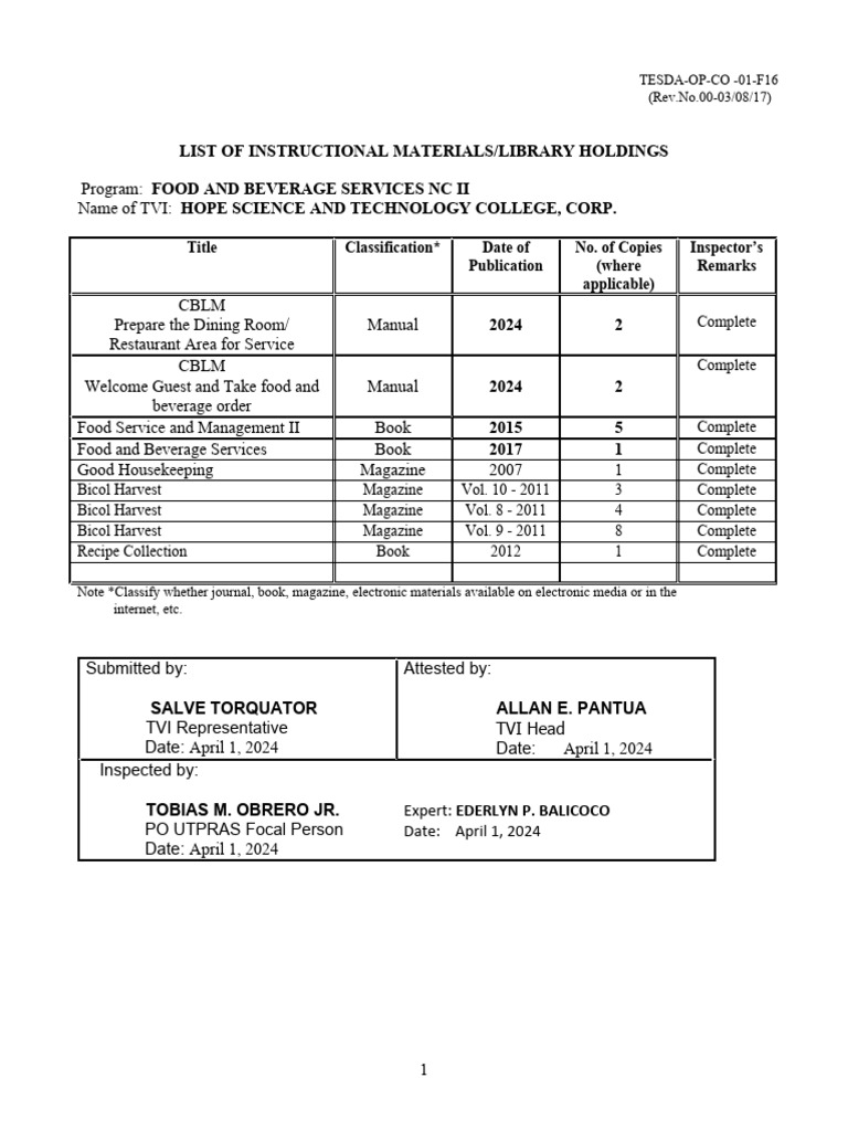 List of Instructional Materials Library Holding PDF