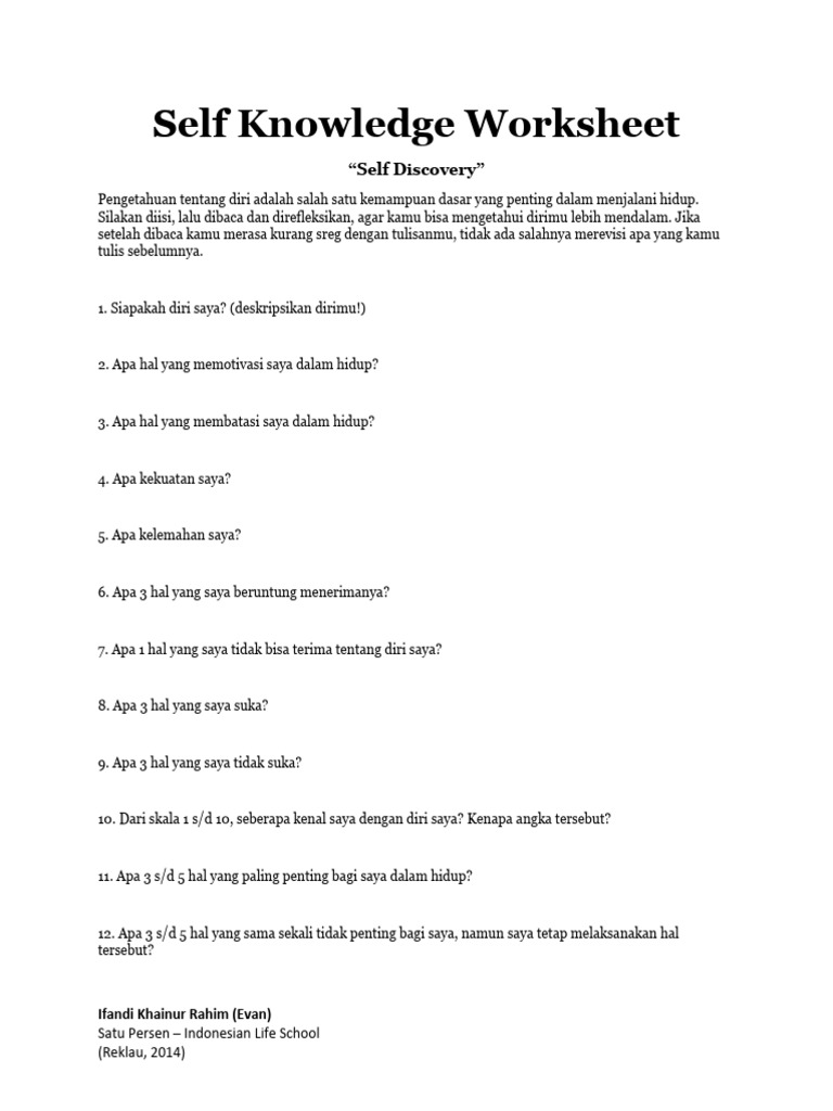 Self Knowledge Worksheet | PDF