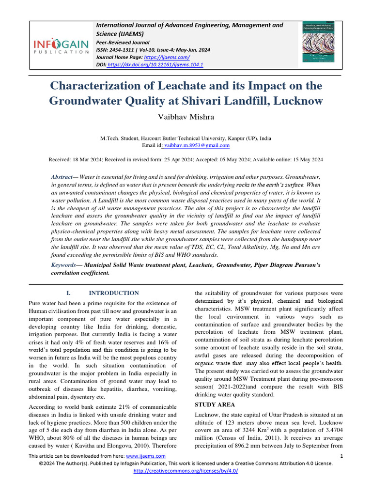Characterization Of Leachate And Its Impact On The Groundwater Quality