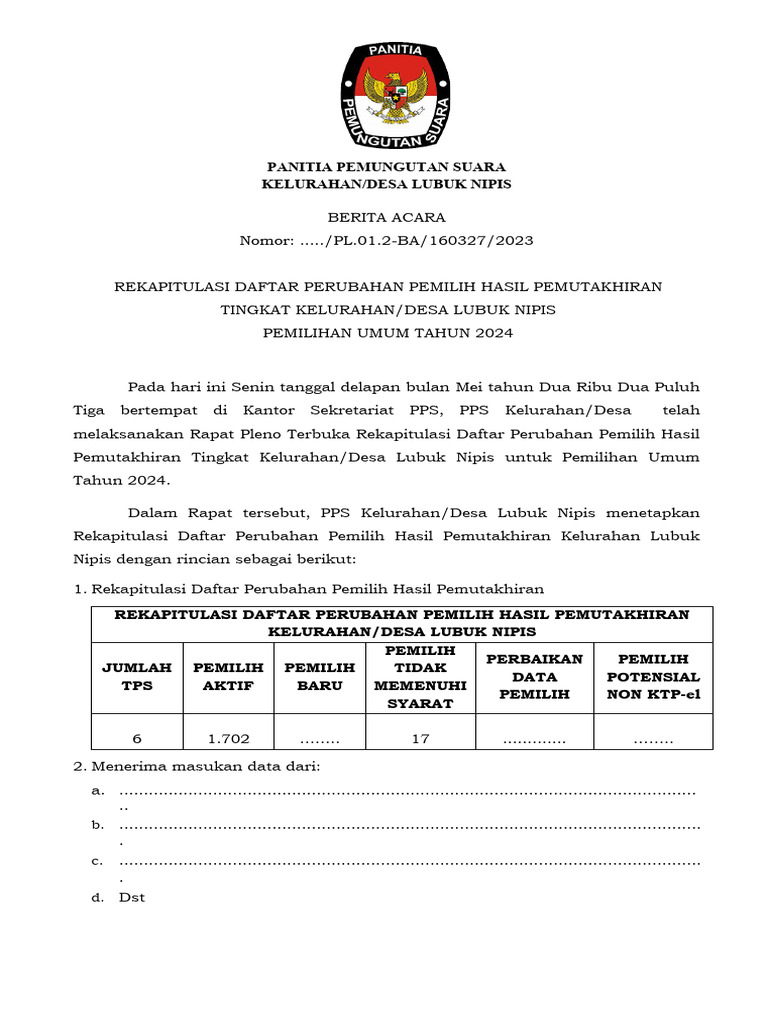 Rekapitulasi Pemilih Lubuk Nipis Pdf