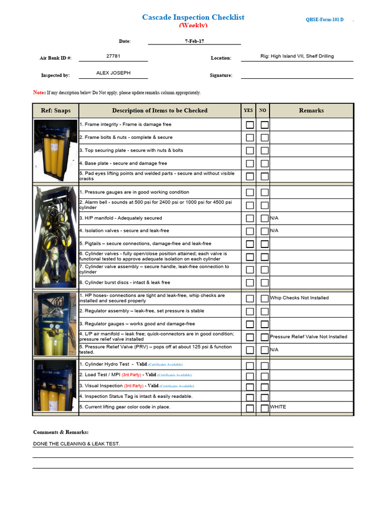 Weekly Cascade Inspection Checklist | PDF | Valve | Diving Equipment