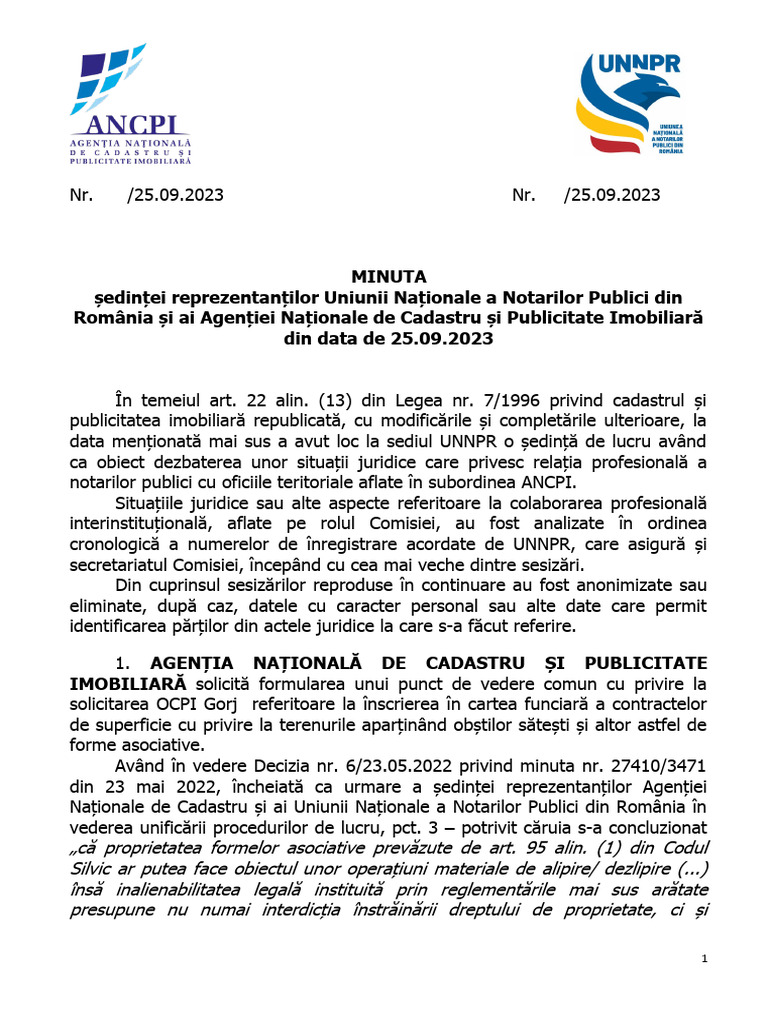 Minuta UNNPR ANCPI 25.09.2023 | PDF