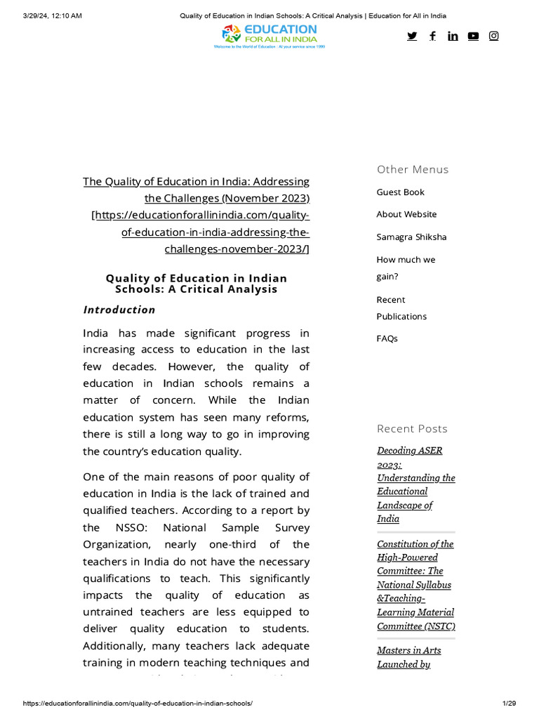 Quality of Education in Indian Schools - A Critical Analysis ...