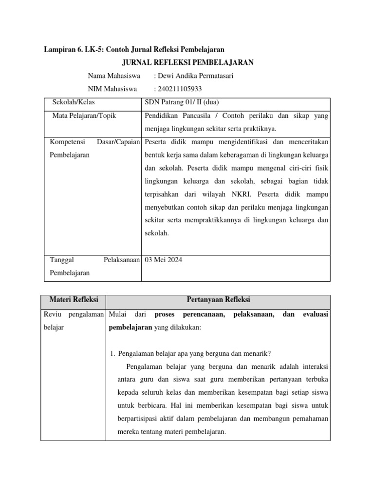 Contoh Jurnal Refleksi Pembelajaran | PDF | Karier & Perkembangan ...
