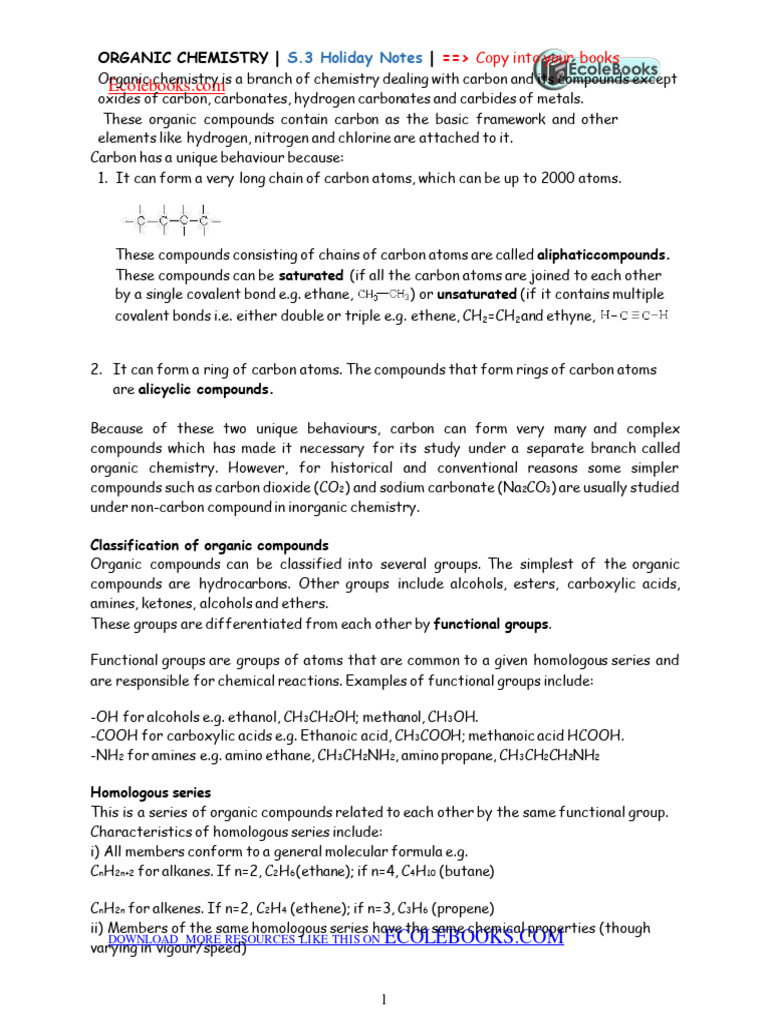 S.3 Organic Chemistry Holiday Notes | PDF | Alkane | Polyethylene