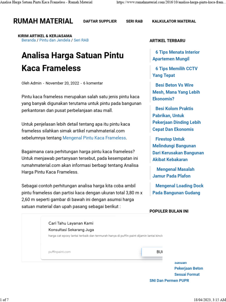 Analisa Harga Satuan Pintu Kaca Frameless - Rumah Material | PDF