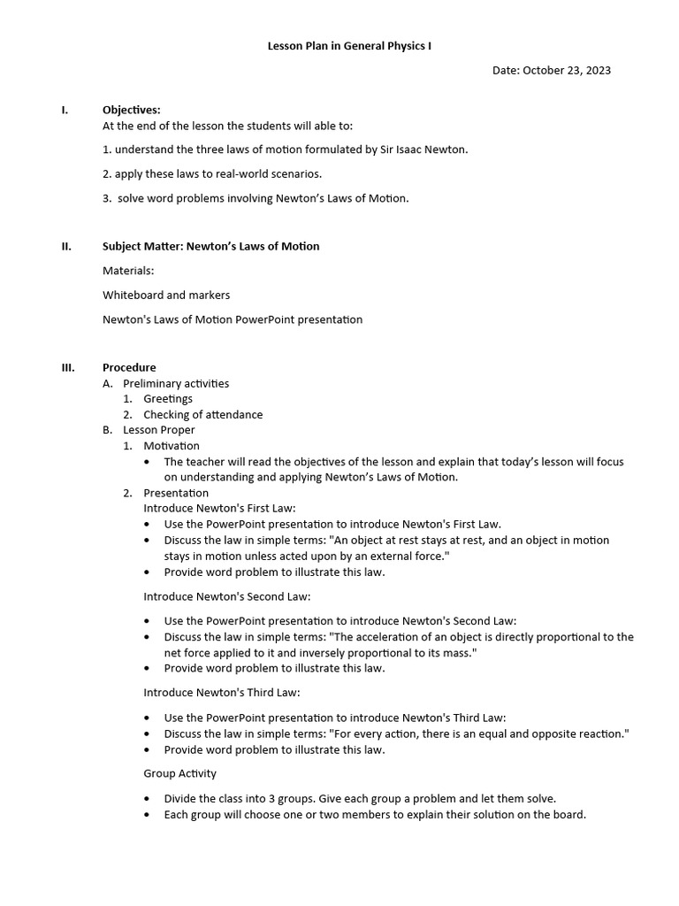 Lesson Plan in Physics | PDF | Force | Newton's Laws Of Motion