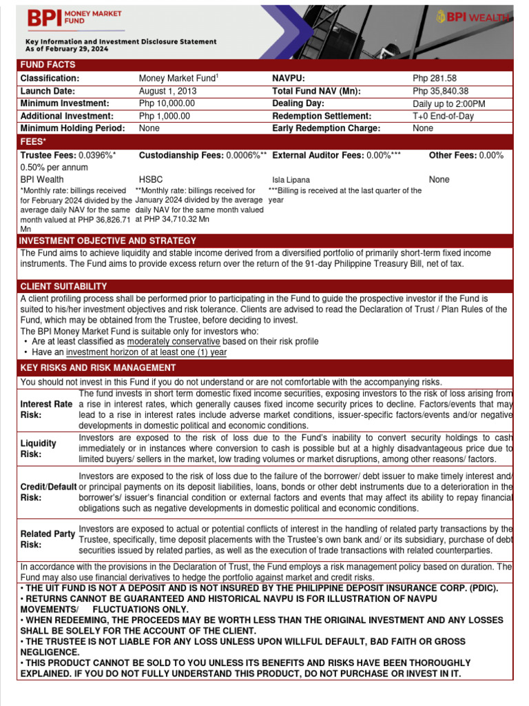 BPI Money Market Fund February 2024 PDF Financial Risk