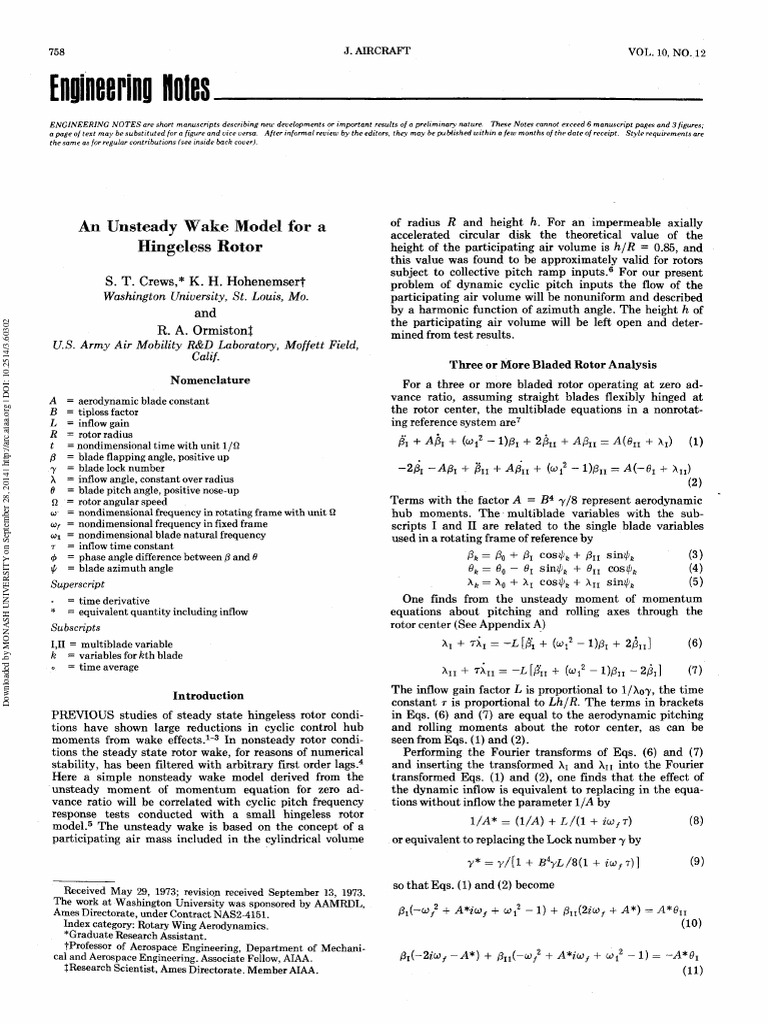Unsteady Wake Model for Hingeless Rotors | PDF | Helicopter Rotor ...