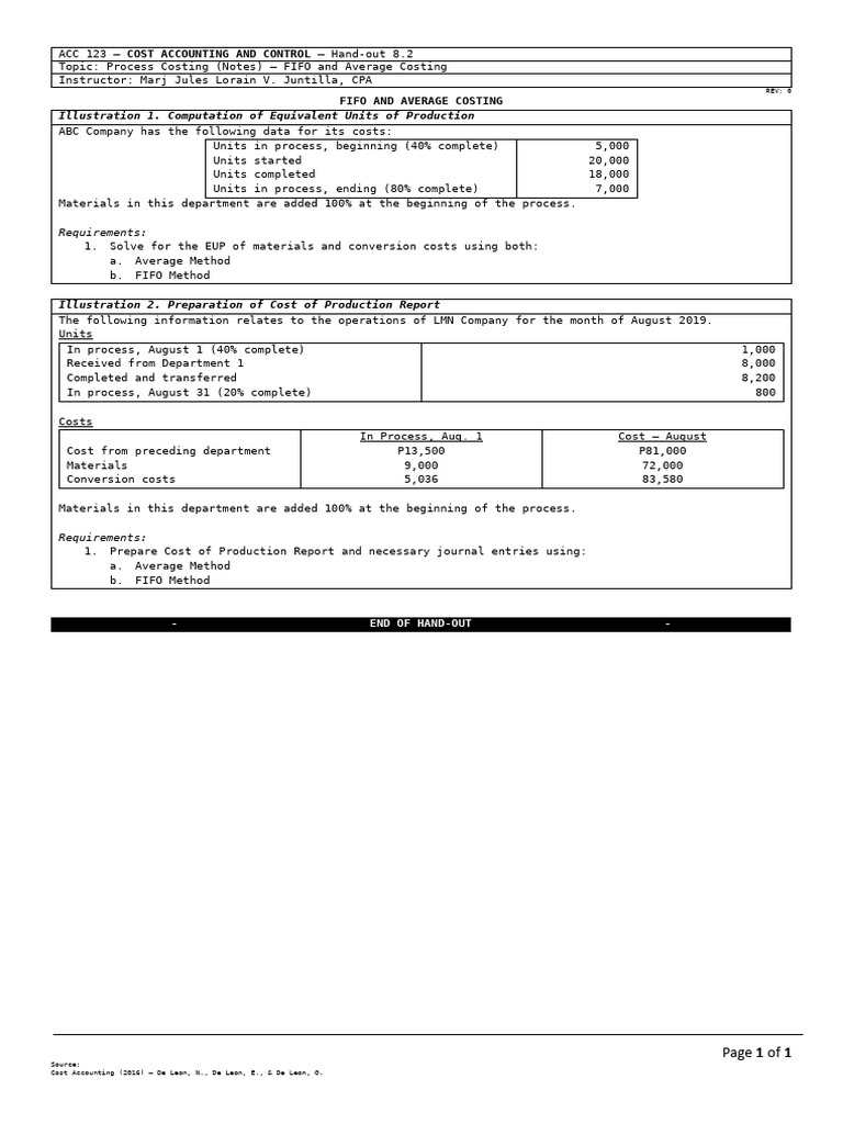 Acc 123 Ho 8 2 Process Costing Notes Fifoaverage Pdf Accounting
