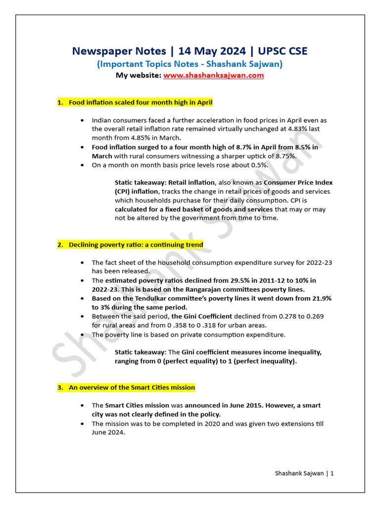Newspaper notes 14 may 2024 upsc cse important topics notes