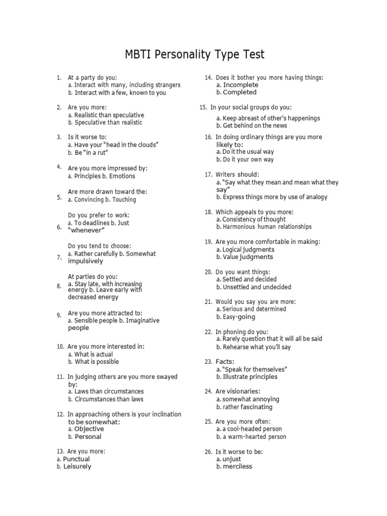 Mbti personality type test test only download free pdf personality