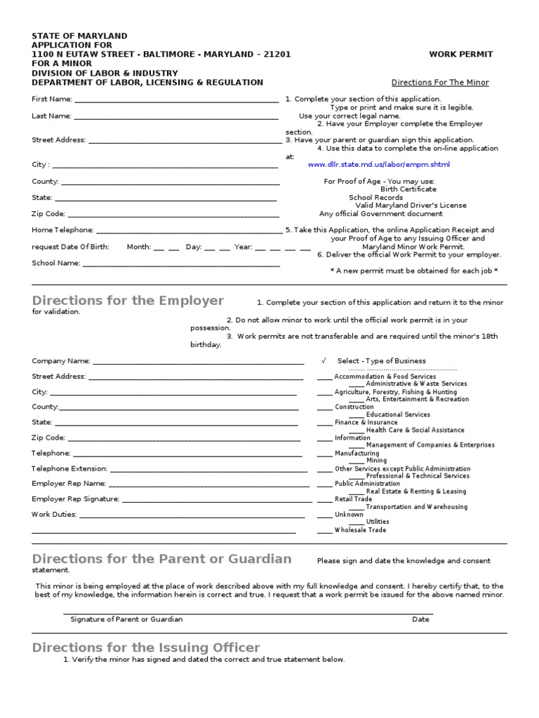 Maryland Minor Work Permit Application | PDF | Identity Document ...