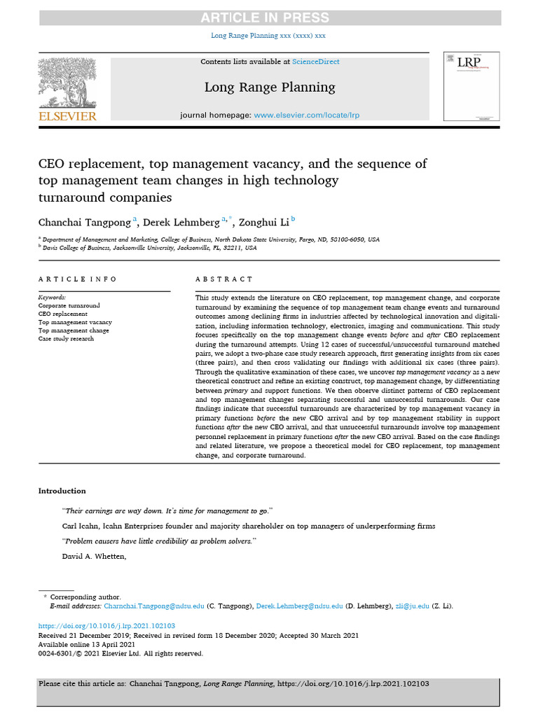 CEO Replacement in Tech Turnarounds | PDF | Methodology | Chief ...