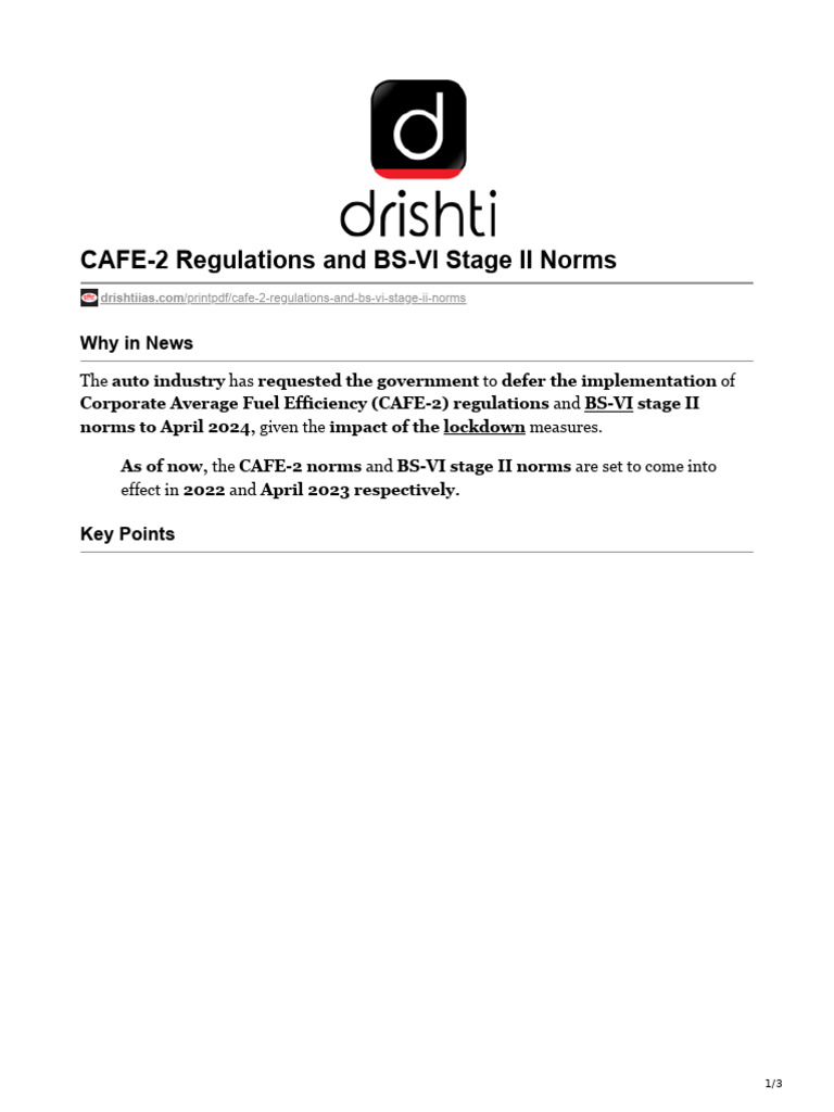 Cafe 2 Regulations and Bs Vi Stage II Norms PDF Fuel Economy In Automobiles Efficient