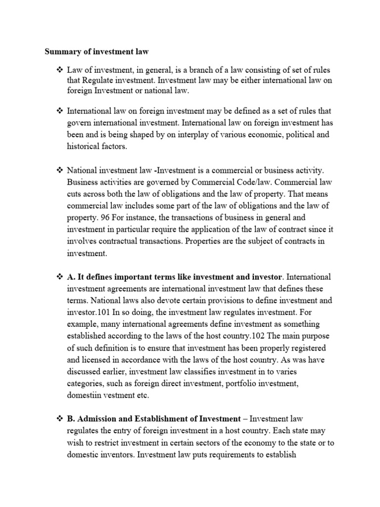 Summary of investment law PDF Foreign Direct Investment Investing