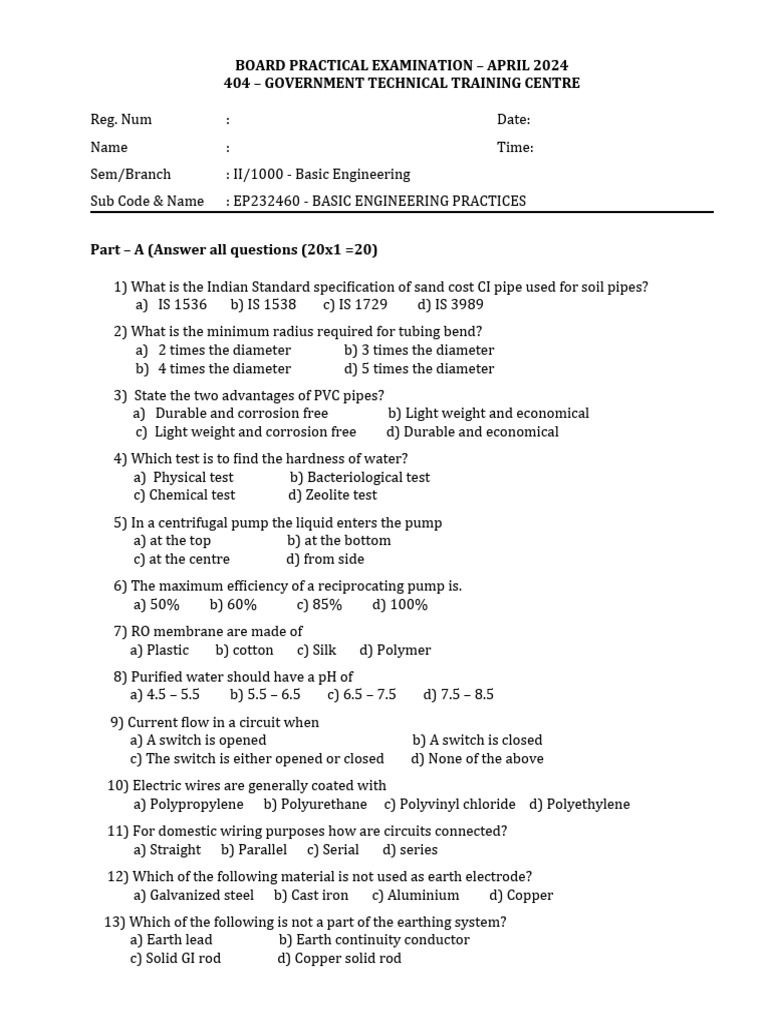 Basic Engineering Practices Exam 2024 | PDF | Pipe (Fluid Conveyance ...