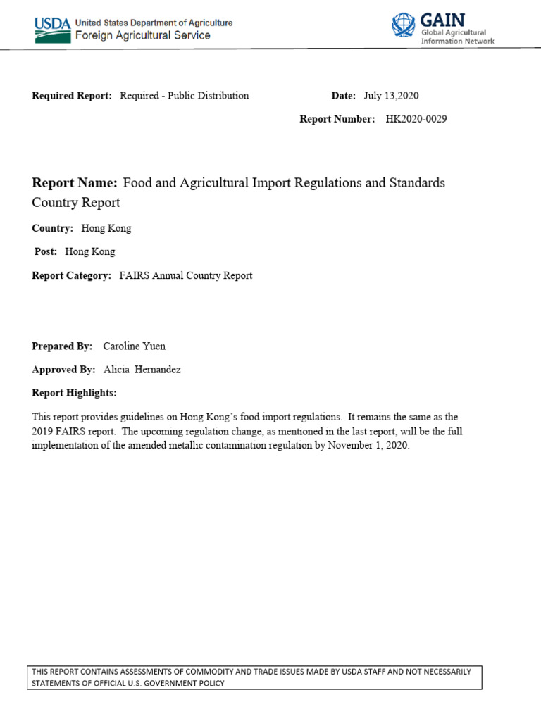 Hong Kong Food Import Regulations Report | PDF | Food Safety ...