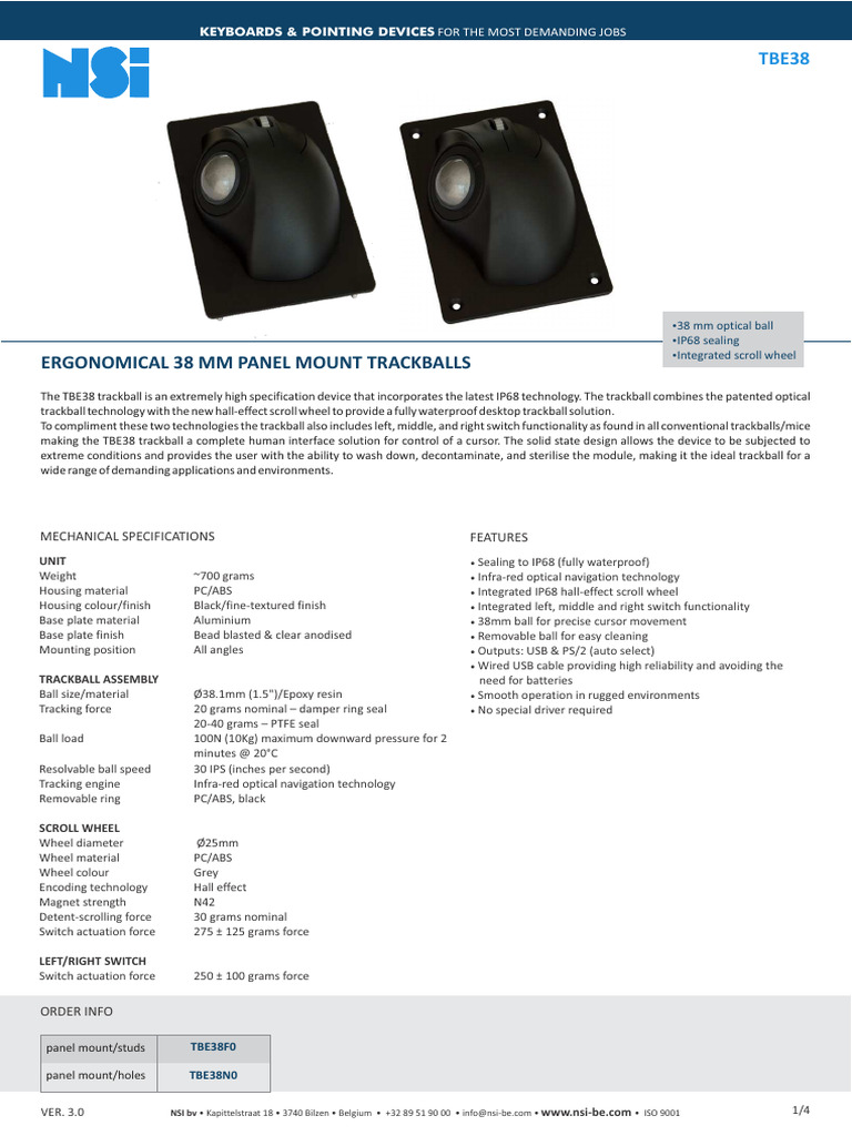 IP68 Panel Mount Trackball TBE38 | PDF | Computer Keyboard | Usb