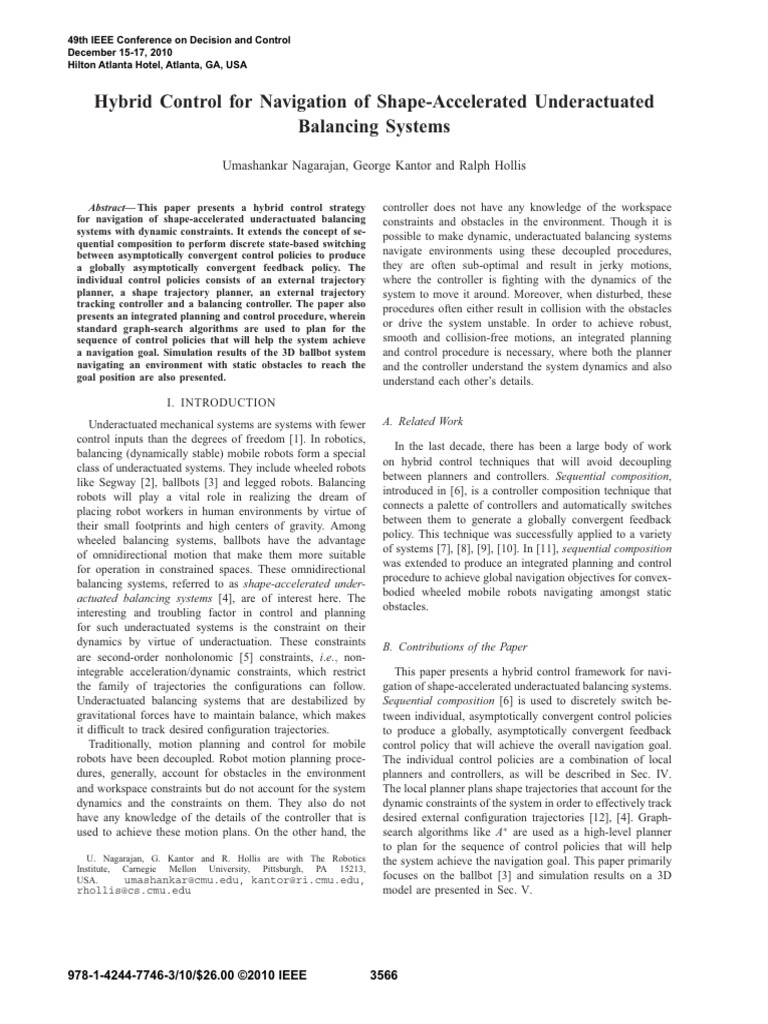 Hybrid Control for Underactuated Balancing | PDF | Mechanics ...
