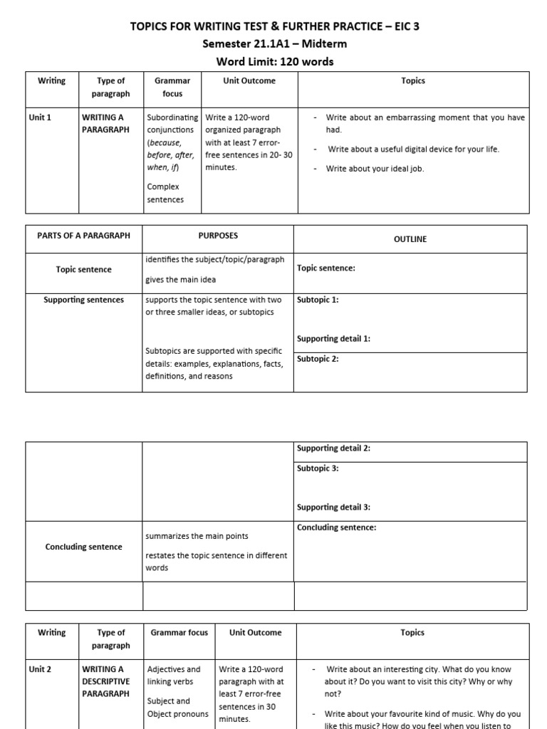 Writing Practice Topics for EIC 3 | PDF | Sentence (Linguistics ...