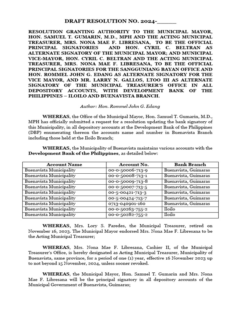 Buenavista Municipal Bank Signatory Resolution | PDF | Government
