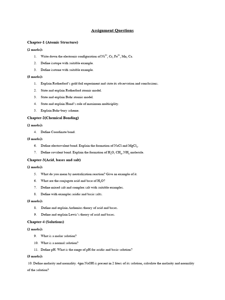 Chemistry Assignment Questions Overview | PDF | Acid | Chemical Bond