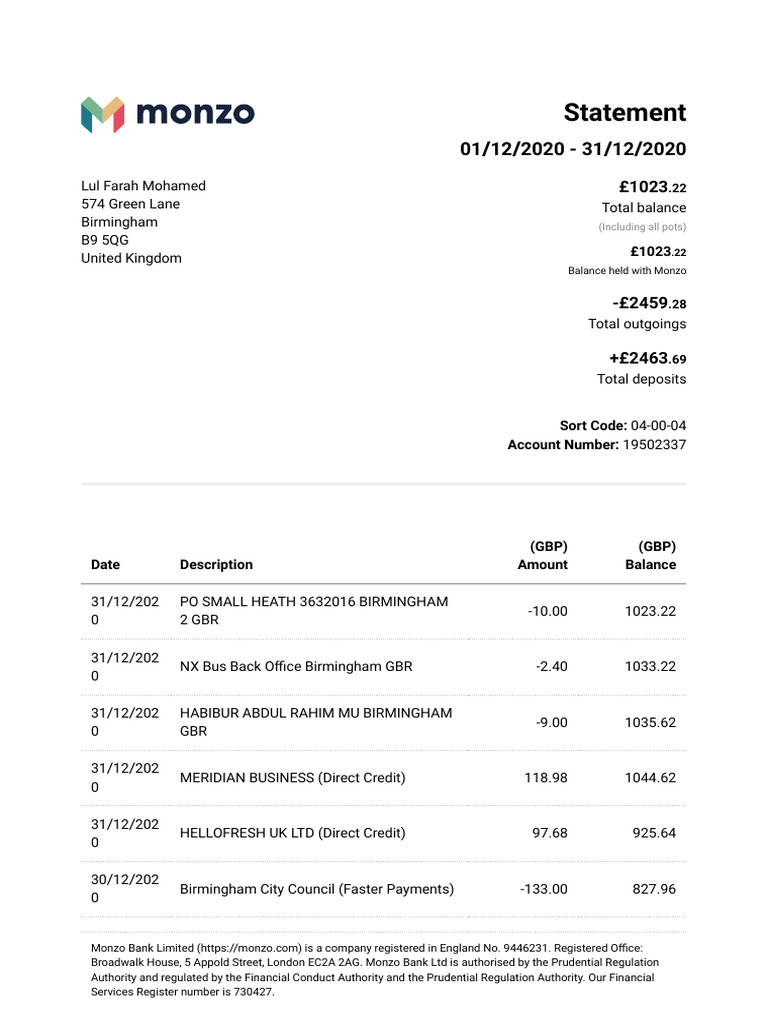Monzo Bank Statement 2021 03 24 094250 | PDF | Financial Regulation ...