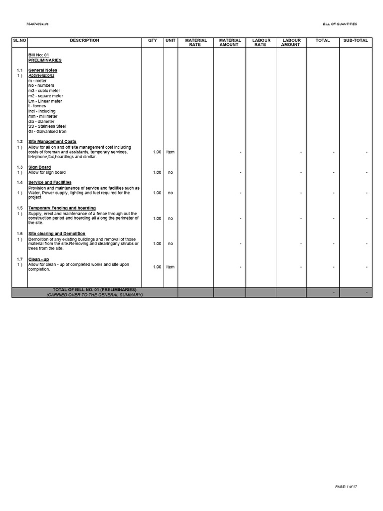 Bill of Quantities for Construction Works | PDF | Concrete | Reinforced ...