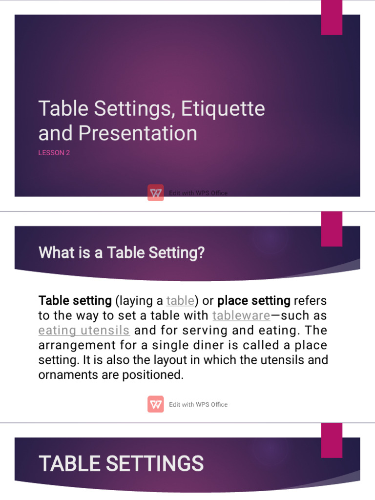 TableSettingsEtiquetteandPresentation PDF Tableware Cuisine