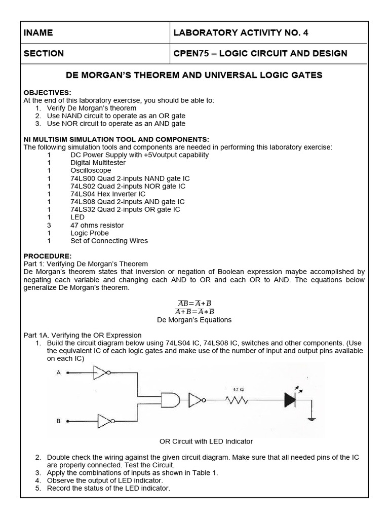 De Morgan's Theorem & Universal Gates Lab | PDF | Logic Gate ...