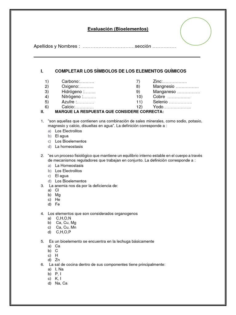 Evaluación de Bioelementos Químicos | PDF | Elementos químicos ...