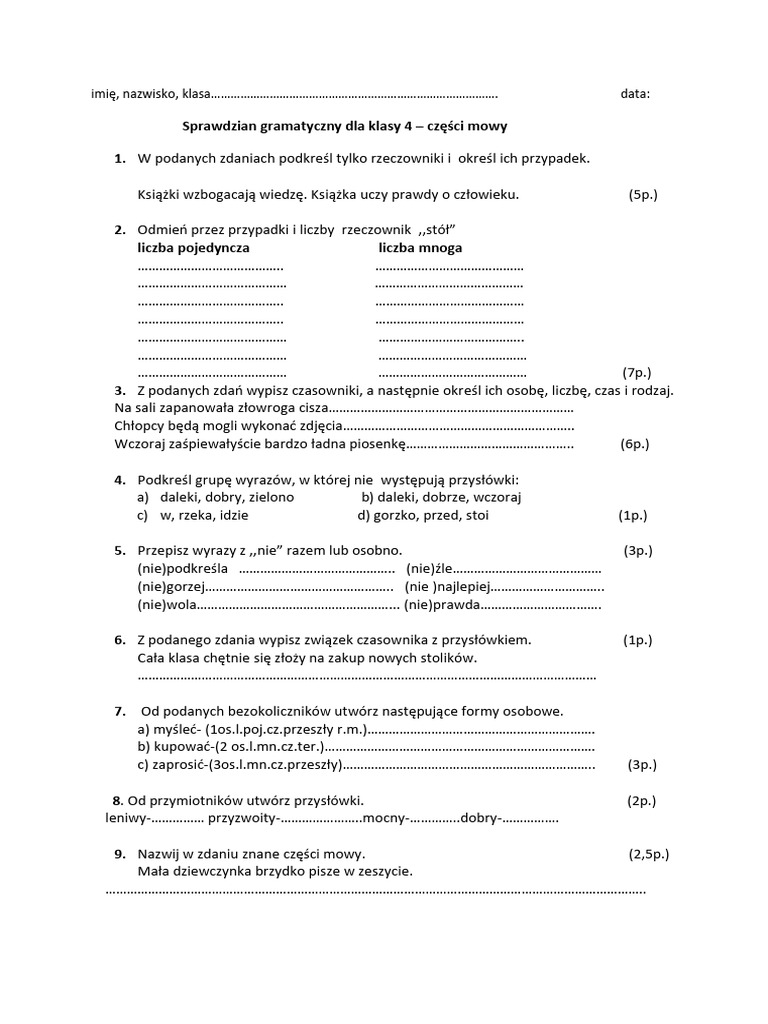 Sprawdzian Z Polskiego Klasa 4 Sprawdzian Z Części Mowy Klasa 4 | PDF