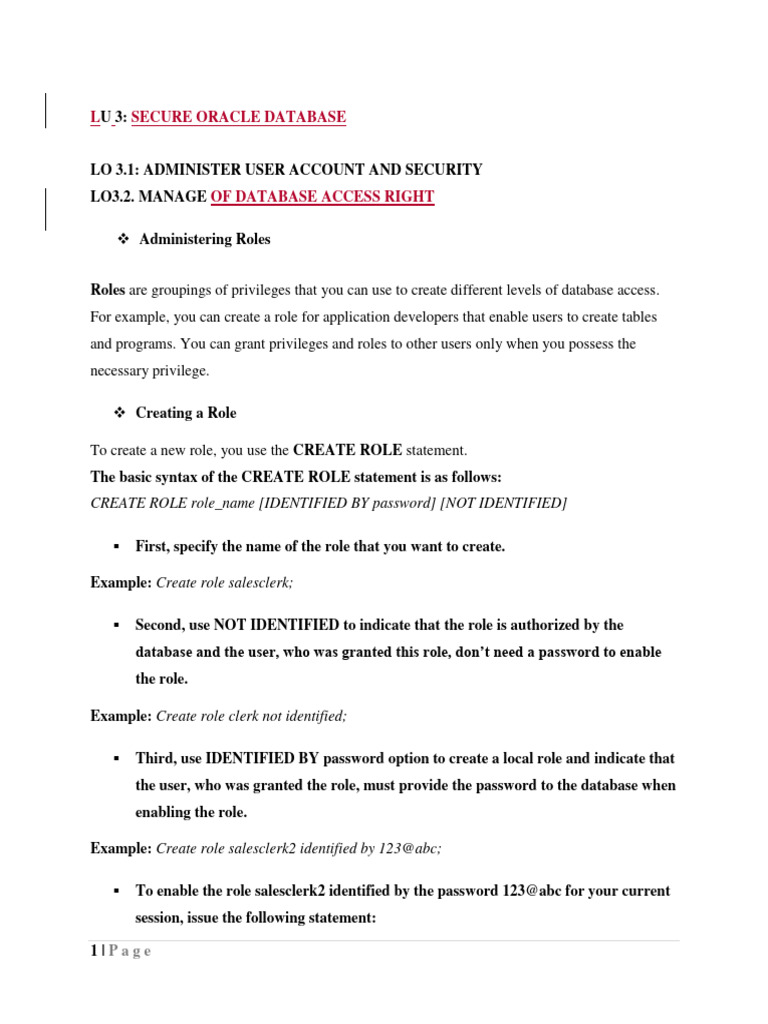 Administering Oracle Database Roles and Users | PDF | Databases ...