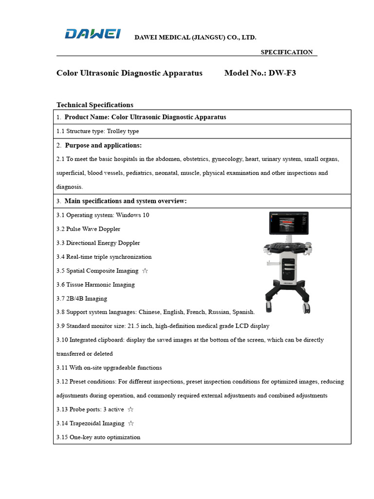 Dawei DW-F3 Ultrasound Specifications | PDF | Medical Ultrasound